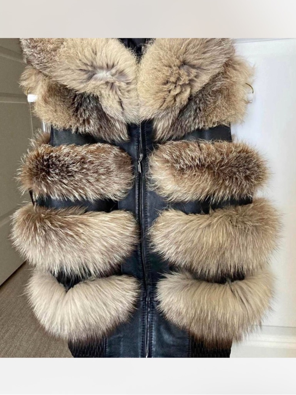 Black Leather Hooded Puffer with Tan Fur Trim